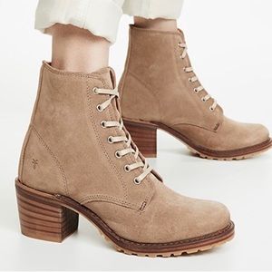 Frye Heeled Ankle Boot Sabrina 6G Beige Suede Leather Lace Up - Women’s Size 7